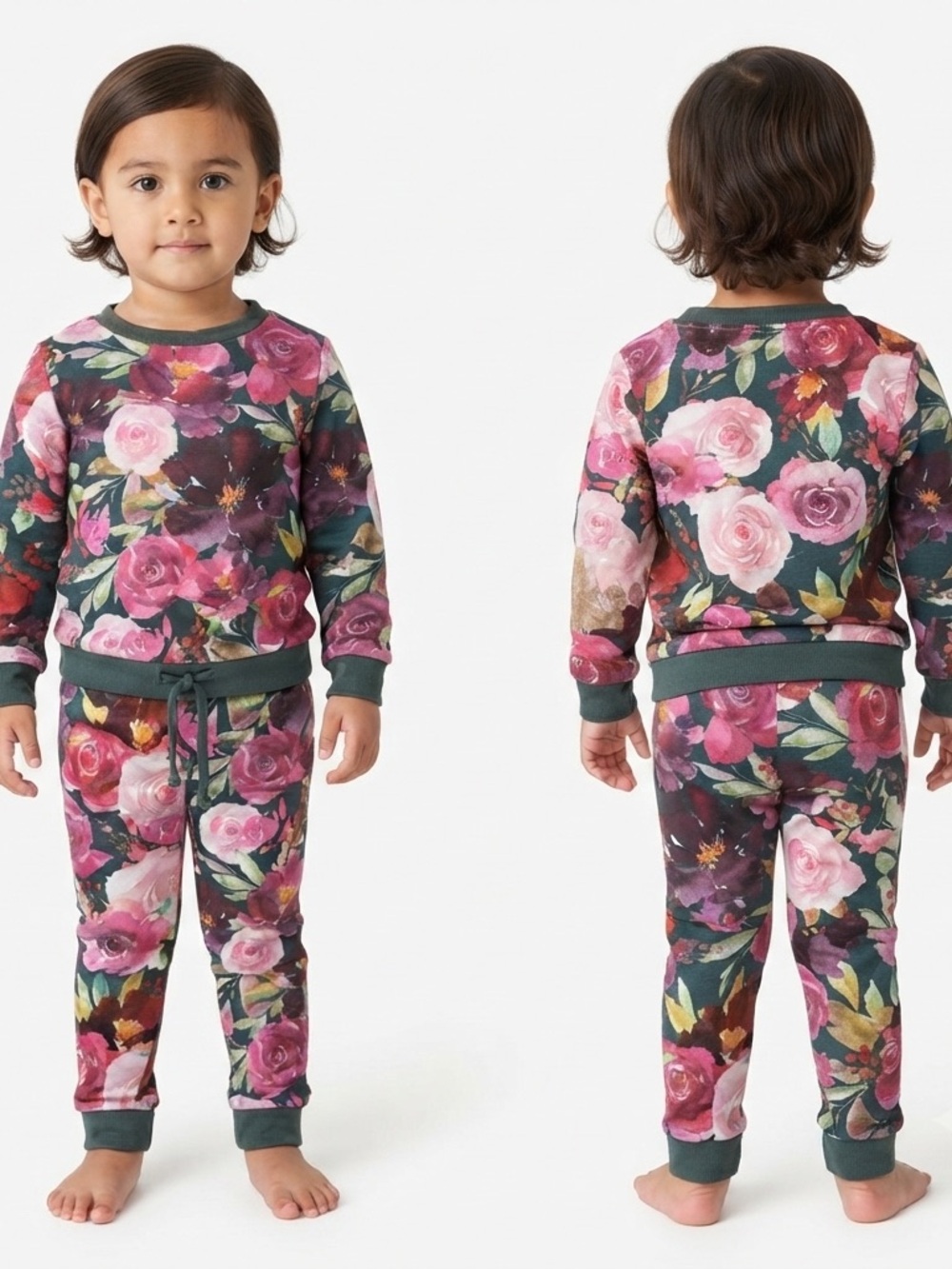 Kids Floral Jogger Set in Dark Green with Pink Roses